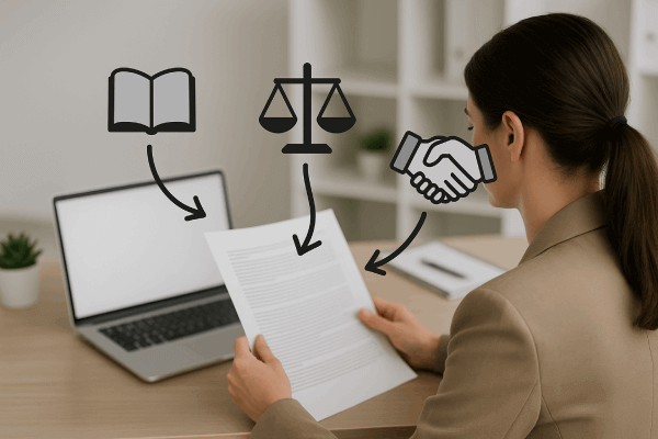 Una profesional revisando documentos legales con íconos de un libro, una balanza de la justicia y un apretón de manos, simbolizando la misión de Permisos Pyme.